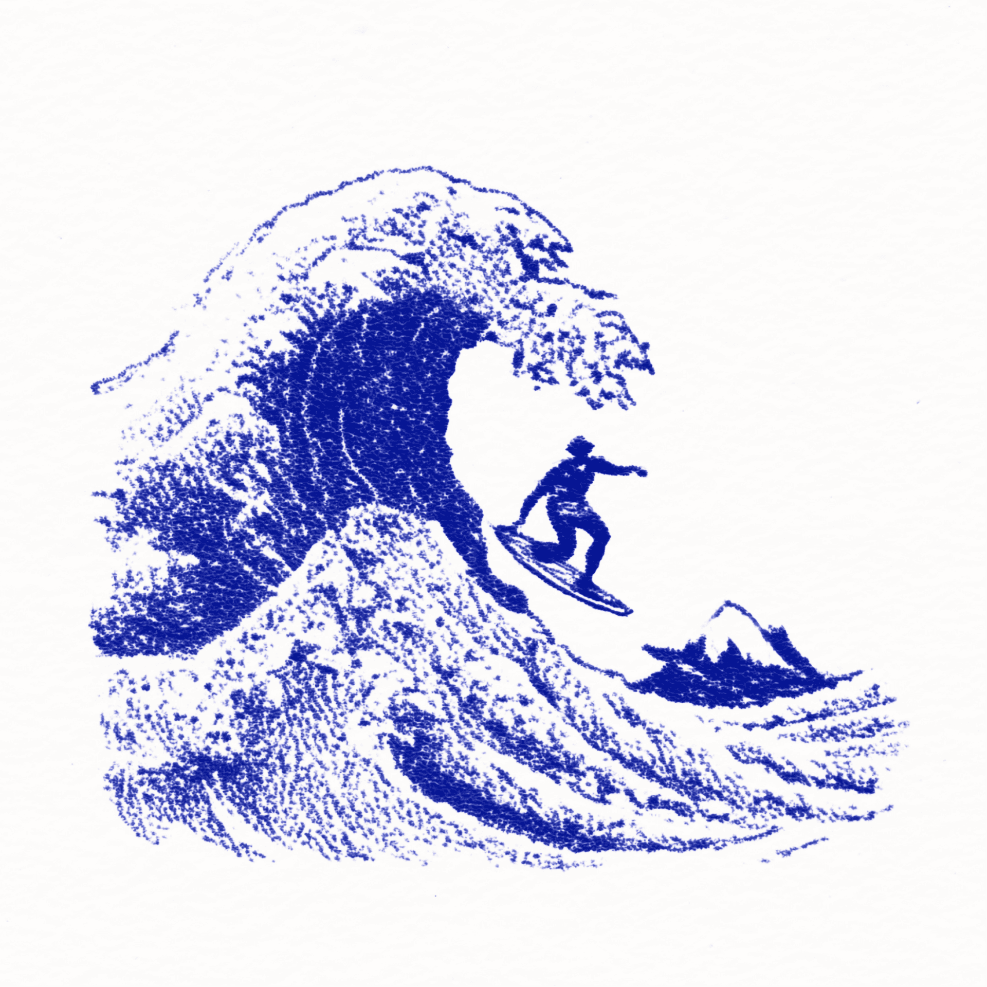 Blue illustration of a surfer riding a wave